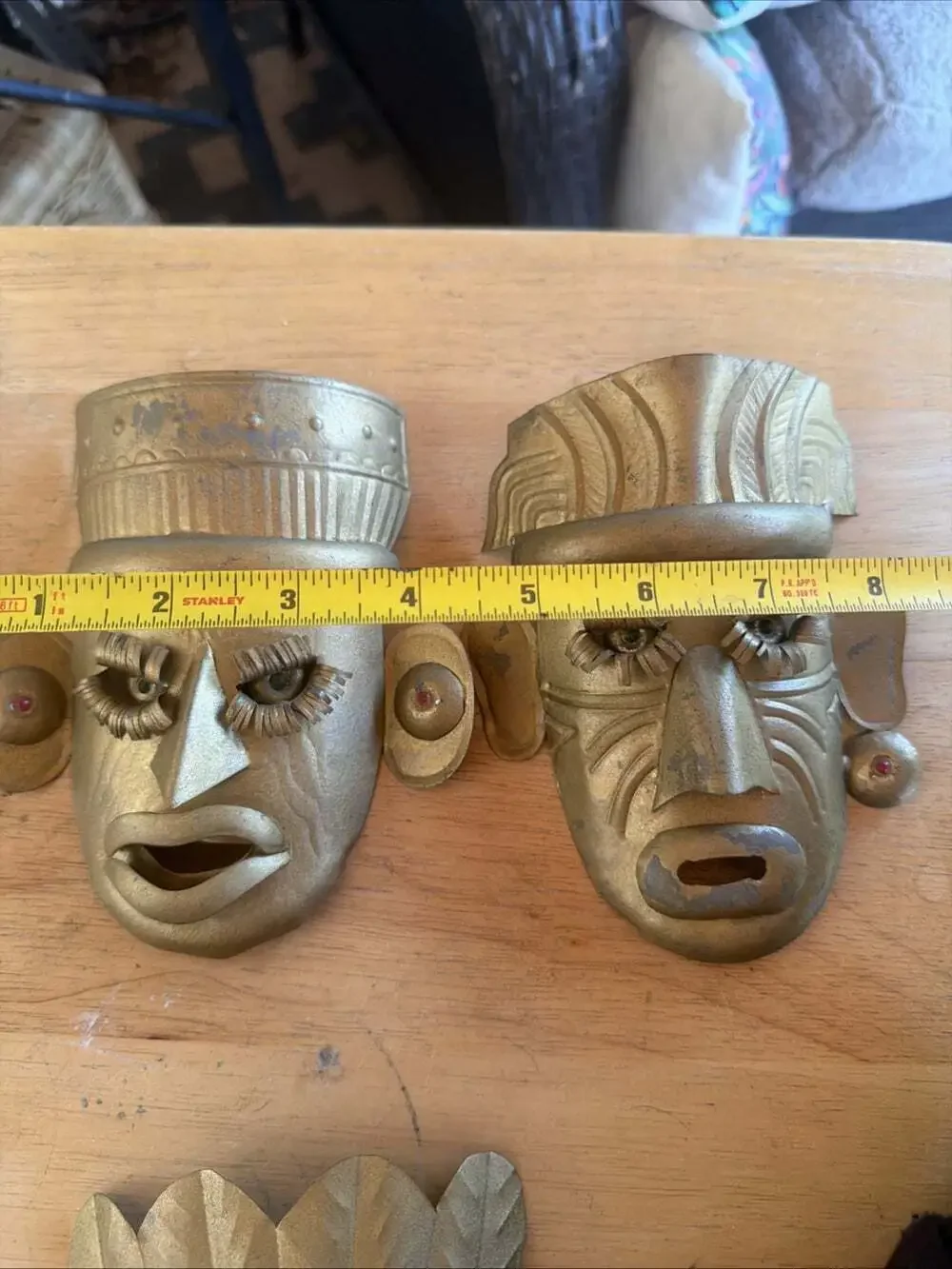 3 VNTG Mexican Tin Metal Masks Beaded Eyes Folk Art Primitive Style Tribal 6”x5”